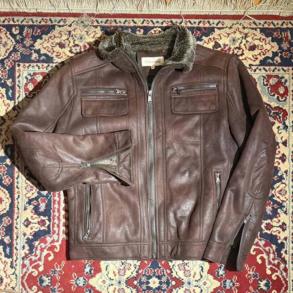 Calvin Klein Brown Leather Bomber Jacket